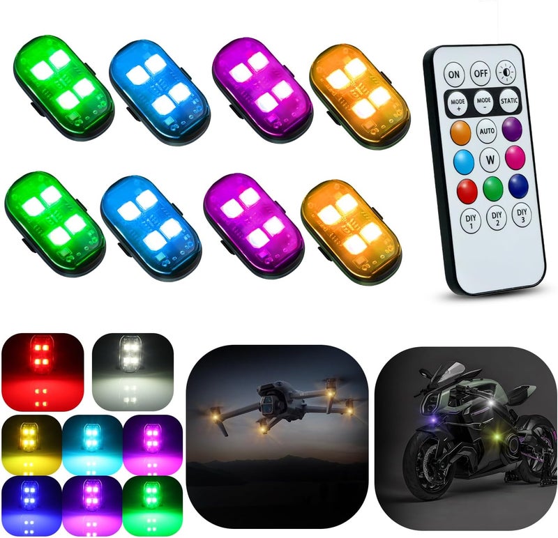 GSOWO Upgrade 8PCS Wireless 4-LED Strobe Lights with Remote, 8 Colors Waterproof Aircraft Strobe Lights, Type-C Rechargeable LED Warning Light for Motorcycle Bike Drone Aircraft Car New Year - Image 1